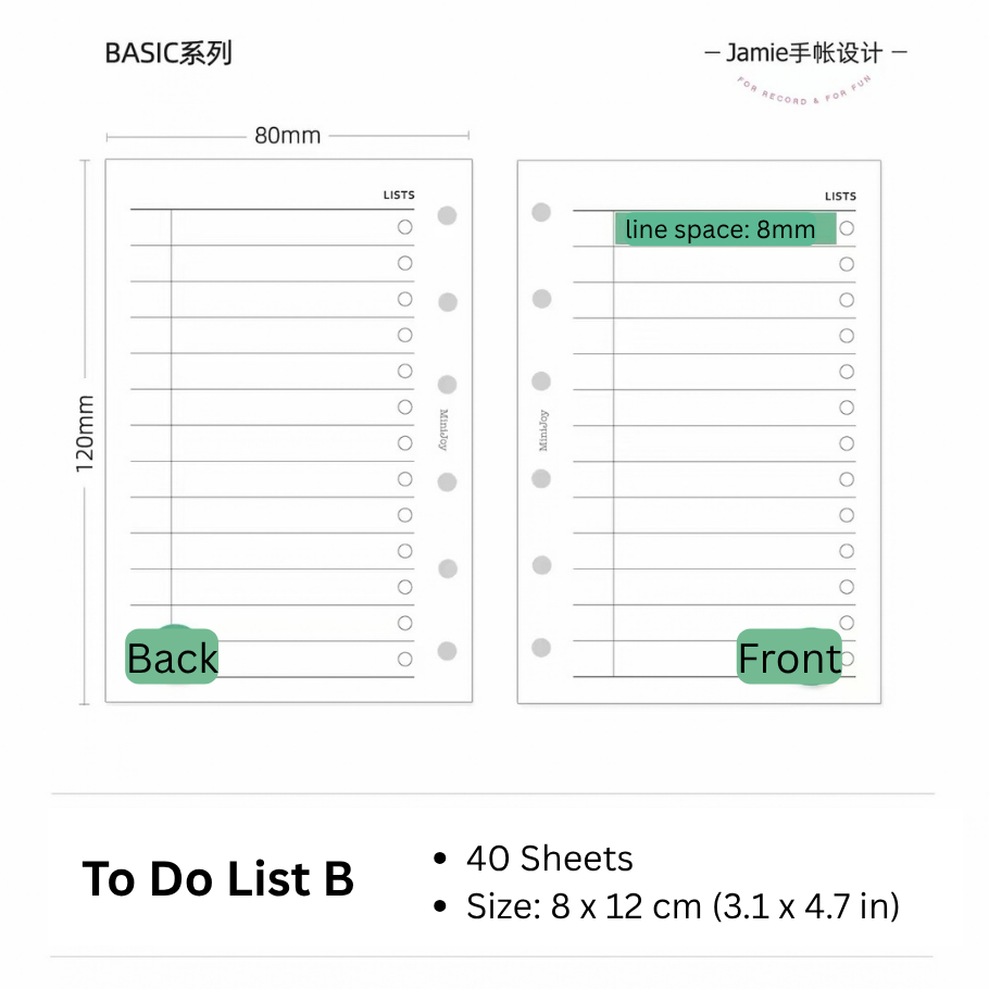 6-Hole Loose Leaf Paper Refills - List - A7 Size