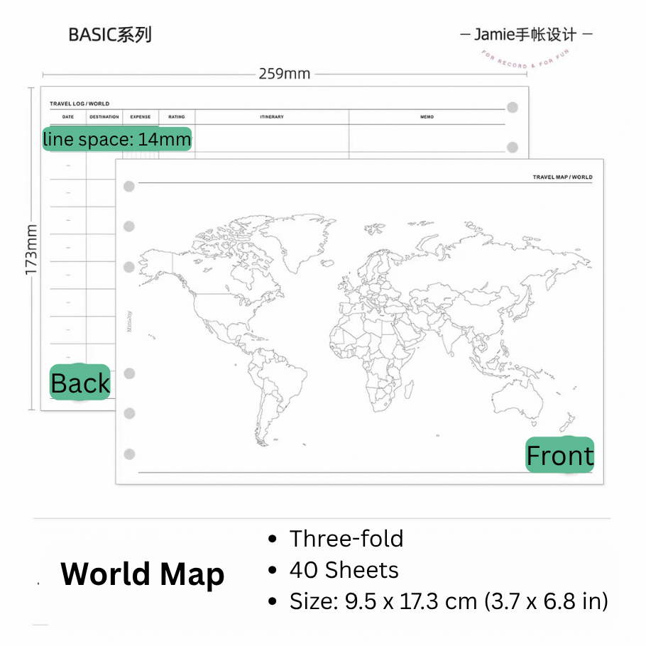 6-Hole Loose Leaf Paper Refills - World Map - A6 Personal Size